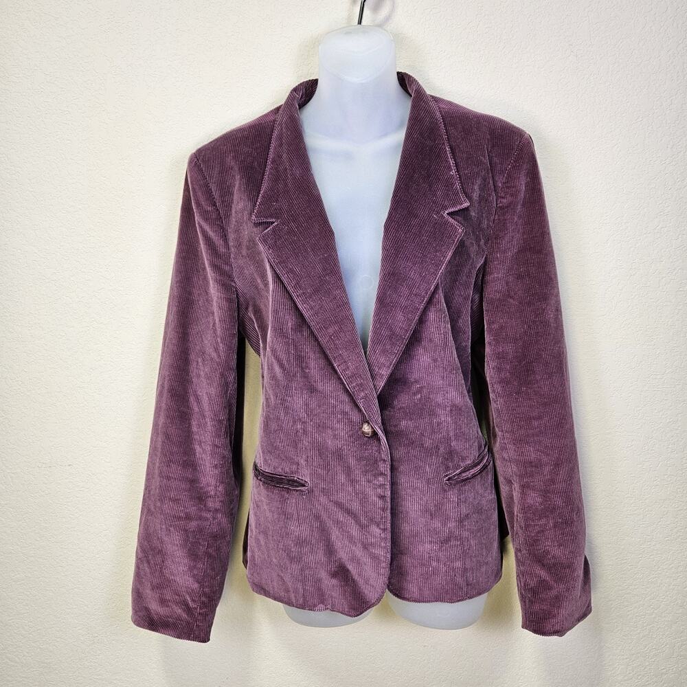 VTG 70s 80s Womens 12 Blazer Corduroy Jacket Japan Leather Button Plum Purple - Picture 2 of 16